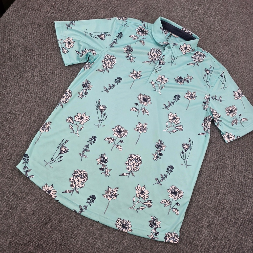 Swannies Celebrate Pars Golf Polo Shirt Mens Medium Aqua Floral Short‎ Sleeve
